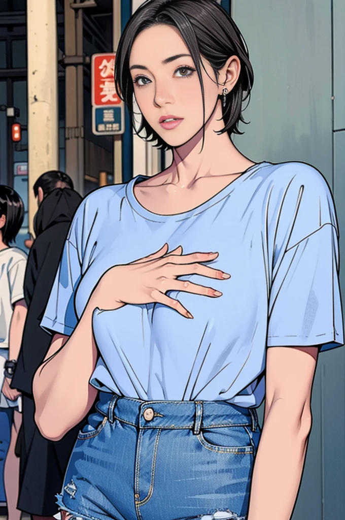 individual,short hair,Photorealism,detailed,masterpiece,ager,Beautiful girl,Denim shorts,Bustling streets of Tokyo,t-shirt,Puzzled