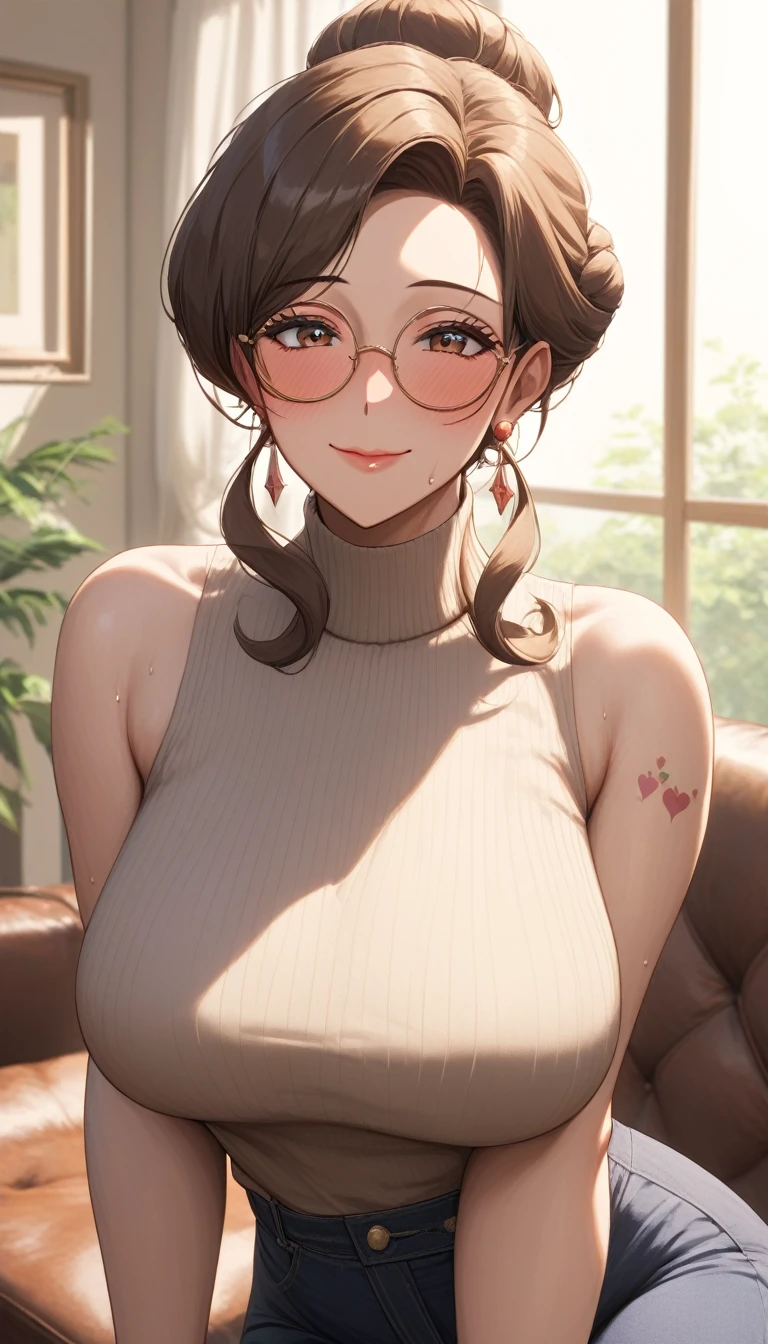 score_9,score_8_up,score_7_up, 1girl, (looking horny), anime, milf, beautiful and perfect face, beautiful, full-face blush, earrings, glamor, round eyewear, glasses, milf, sweating, 1 girl, mature woman, Older, gigantic breastss, milf, motherly, thick-thighs, fatter, Describe precise shapes, beautiful  face, expressive eyes, clavicle, lips, slickedback hair, low hair bun, brown hair, eyes black, round glasses, mole, tattoo, beige sweater, sleeveless, neckleace, pants, standing alone, close up, standing alone, sitting down, sofa, Inside the house, looking ahead at viewer, seducing smile, indoors, volumetric lighting