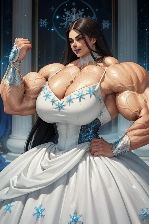 (((Close view))), tall, White hair, beautiful muscular woman, long straight hair, light brown skinned, closed smile, (black lipstick), ((massive muscles)), (hyper muscle), ((ginormous bulky muscles)), blue eyes, (((white sparkly ball gown embroidered with snowflake designs))), gauntlets, choker, high heels, (in a ballroom)