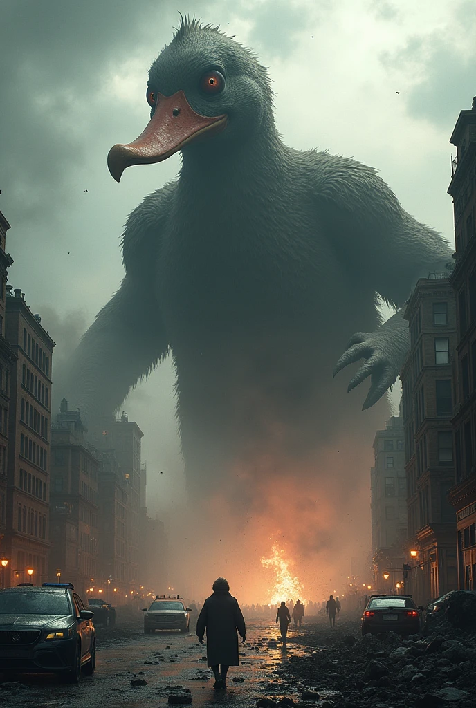 A picture of a duck, make it big like Skyscraper, make it evil and destroy the city