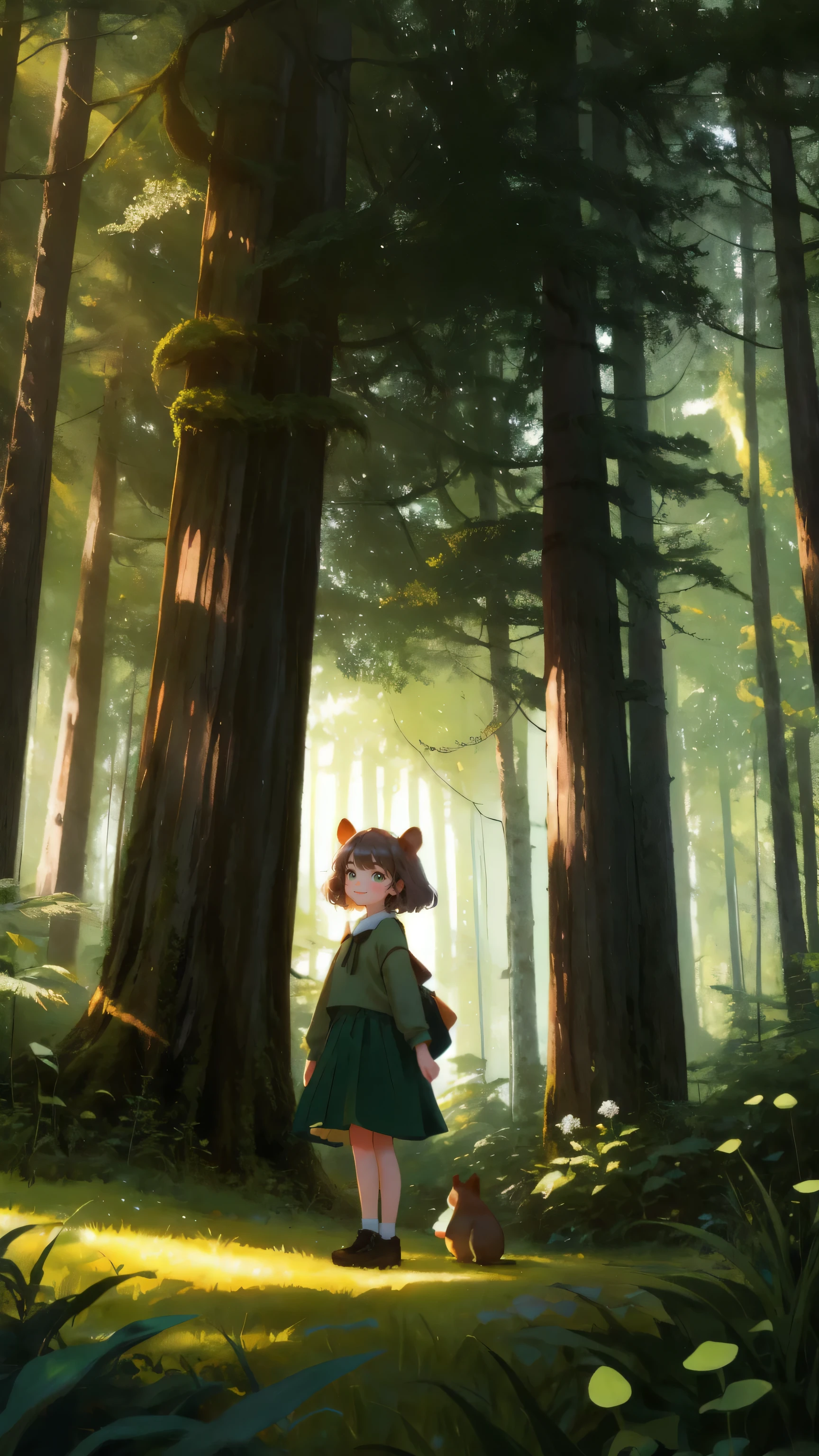 Create an image of a joyful young girl with playful features in a lush forest setting. She has expressive, big eyes and a wide smile, and she's wearing green moss-like clothing resembling a skirt. She is playfully posed beside a wooden sign post without any text. The background features tall, stylized trees with round, dense canopies and a soft, ambient light that suggests early morning. The forest floor is dotted with small plants, mushrooms, and a cute, cartoon-style squirrel observing quietly. The path is well-trodden dirt, curving gently into the dense forest.