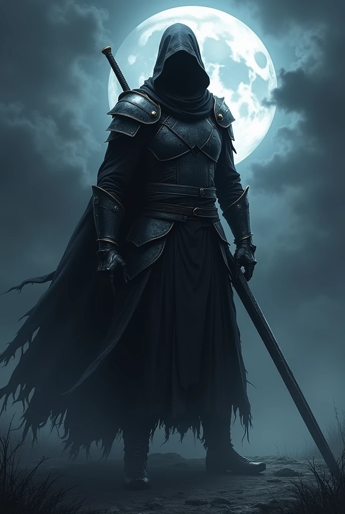 A brooding full-body shot of "Nightfall," a swordsman who draws power from shadows. Dressed in dark, tattered robes with silver armor, his face is partially obscured by a hood. His sword is a long, dark blade that seems to absorb light, leaving a trail of darkness in its wake. The background is a moonlit night, with thick clouds obscuring the moon, casting deep shadows over the landscape. The darkness around him seems to move, almost as if it’s alive.
