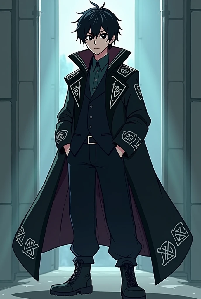 Cartoon dash order paranormal A man, Cao Cao, considerably young, with straight black hair that falls over her eyes, black eyes with deep dark circles, wearing a kind of mix of black suit with black overcoat, and inside the suit a white shirt, a pair of black sweatpants, your coat has white details, your overcoat has a kind of "layer" black with symbols on the edges and inside.