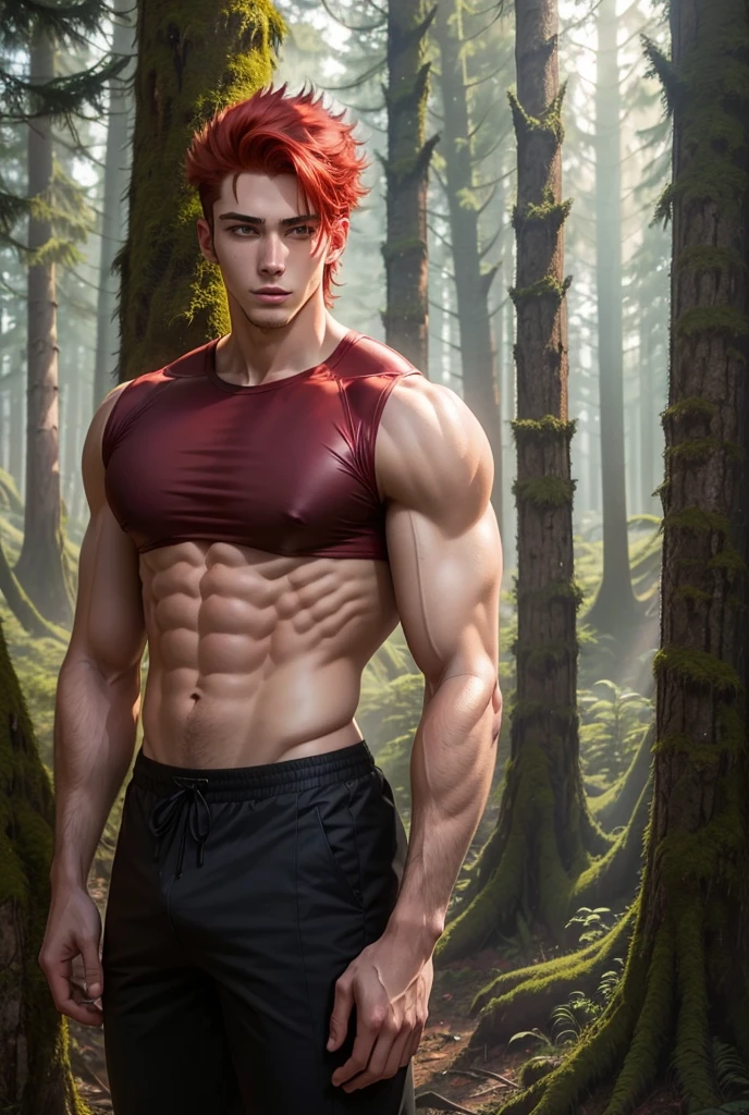 20 year old man,Handsome young man,Extraterrestrials,Muscular,Take off your clothes.,sexy,Height 180 cm.red hair, Cloudy face,in the forest,Anime