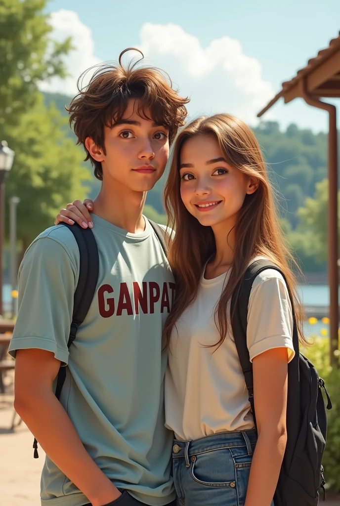 The weather is very pleasant and a beautiful girl is standing with me. I am wearing a shirt with Ganpat written in Capital letter on it.