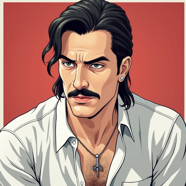 A man with long hair and a thin mustache looking slightly to the left, wearing a white shirt, with a sword on his shirt