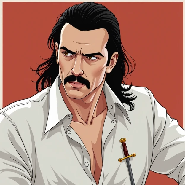 A man with long hair and a thin mustache looking slightly to the left, wearing a white shirt, with a sword on his shirt