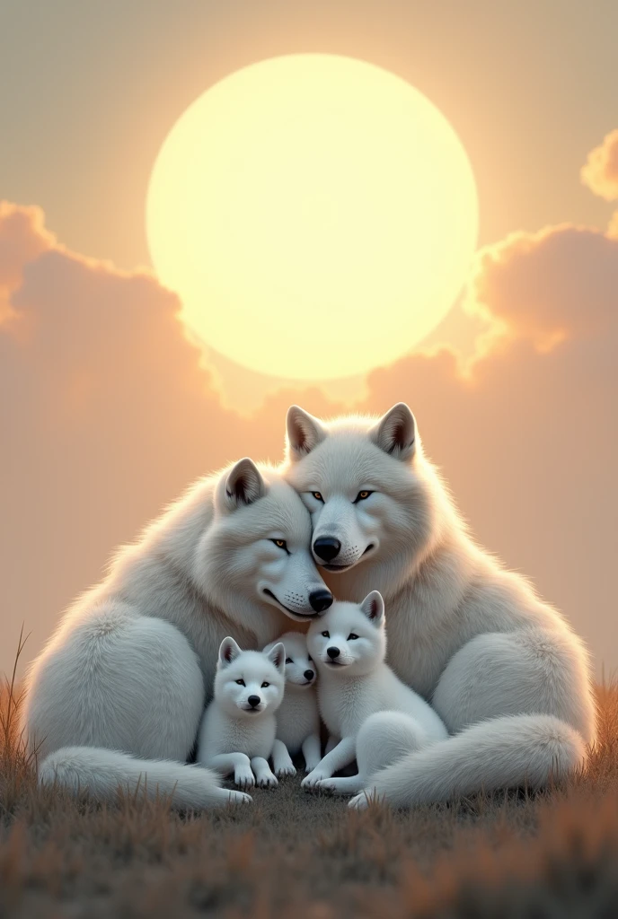 A couple of white wolves cuddling, with big sun in the background, with three white wolf pups together