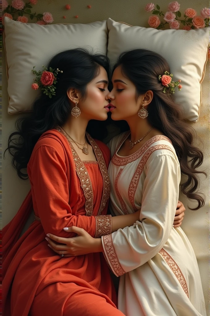 Two indian girl in traditional red and white dressed. Kissing each other in sleeping position.