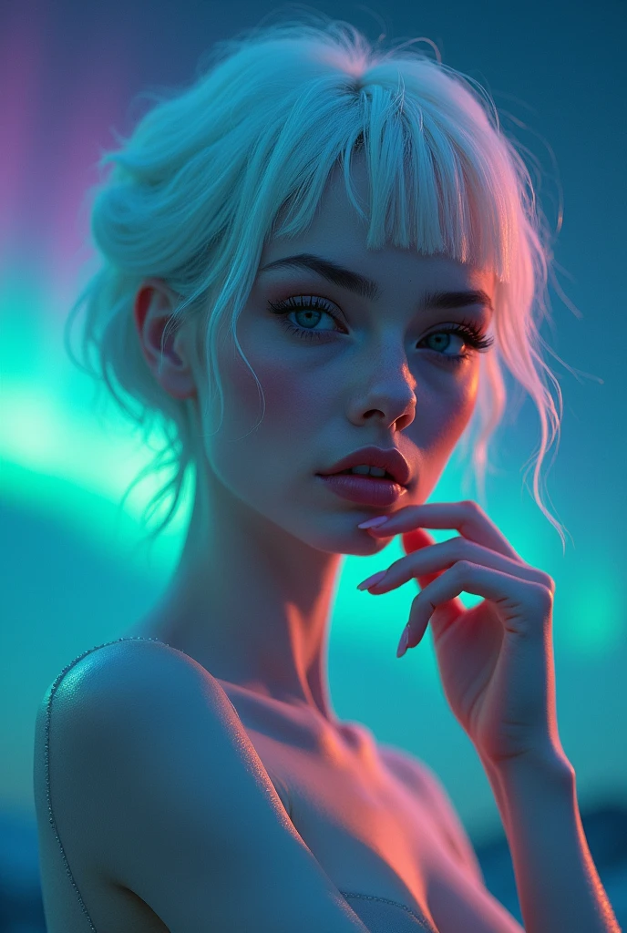 hyperrealistic image, phone camera, hd resolution, woman, exotic features, artistic makeup, conceptual pose, artistic expression, instagram photo style, woman, exotic, attractive eyes, intergalactic, natural lighting, night, aurora borealis, extraterrestrial, exotic makeup, shine makeup, shine skin, colored eyeshadow, exotic pose, half body angle, white hair, subtle colored highlights,alien vibe, full body image, subtle alien characteristics, little clothing, latex clothing, white clothing, second skin clothing, tight clothing, hands positioned like a model's, shiny body, alien, long hair,very straight hair, flying hairz strange woman, eyes apart, big eyes, very shiny skin, body skin shine, long straight hair, straight hair, white clothes, latex clothes