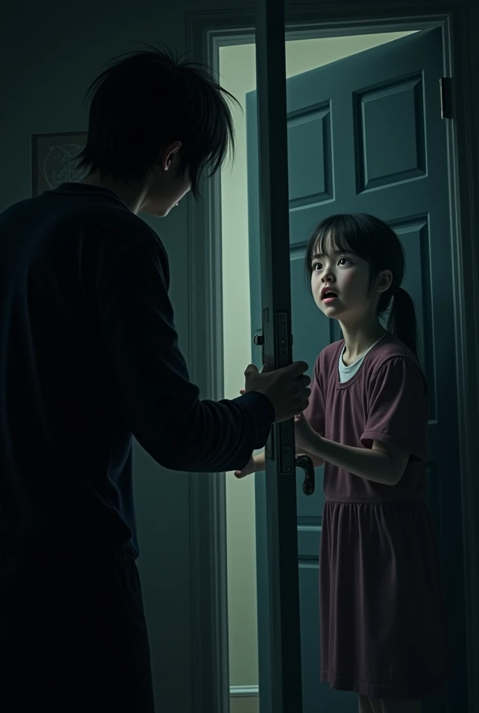 Person knocking on the door and girl inside scared