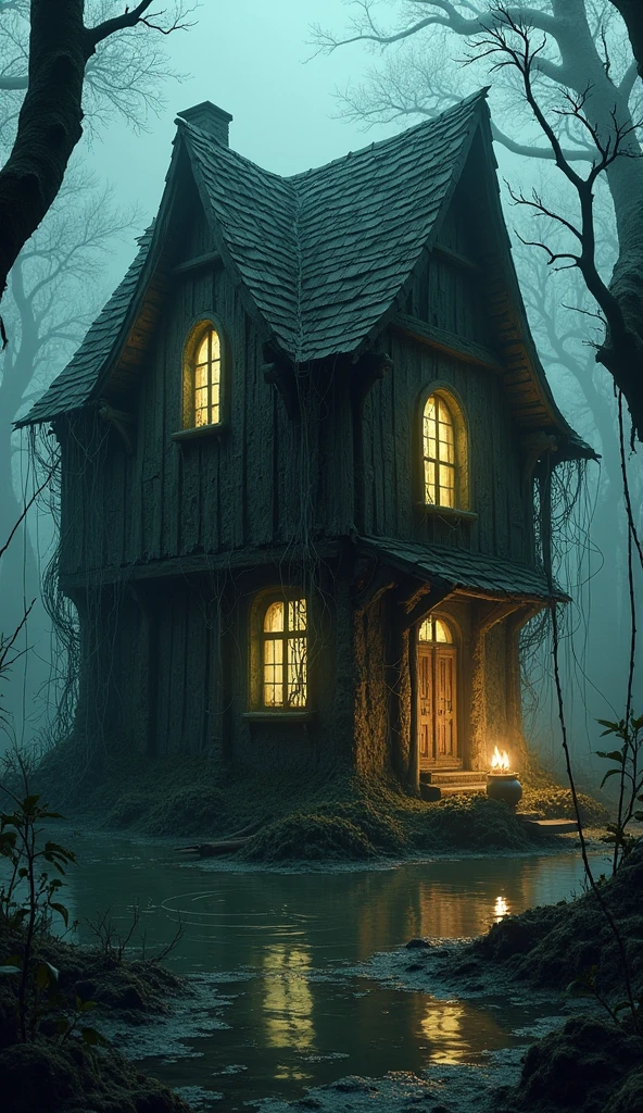 Nestled deep in a swamp, this decrepit cottage is barely standing, its roof sagging under the weight of twisted, overgrown vines. The front door is missing, replaced by a thick veil of cobwebs and decaying animal bones hanging from the doorway. The interior smells of rotting herbs and old blood, with a large cauldron bubbling ominously in the corner. Strange symbols are etched into every surface, glowing faintly in the moonlight. The faint sound of chanting seems to come from the walls, and shadows dance in the flickering candlelight. Can you survive the night in this witch’s lair?