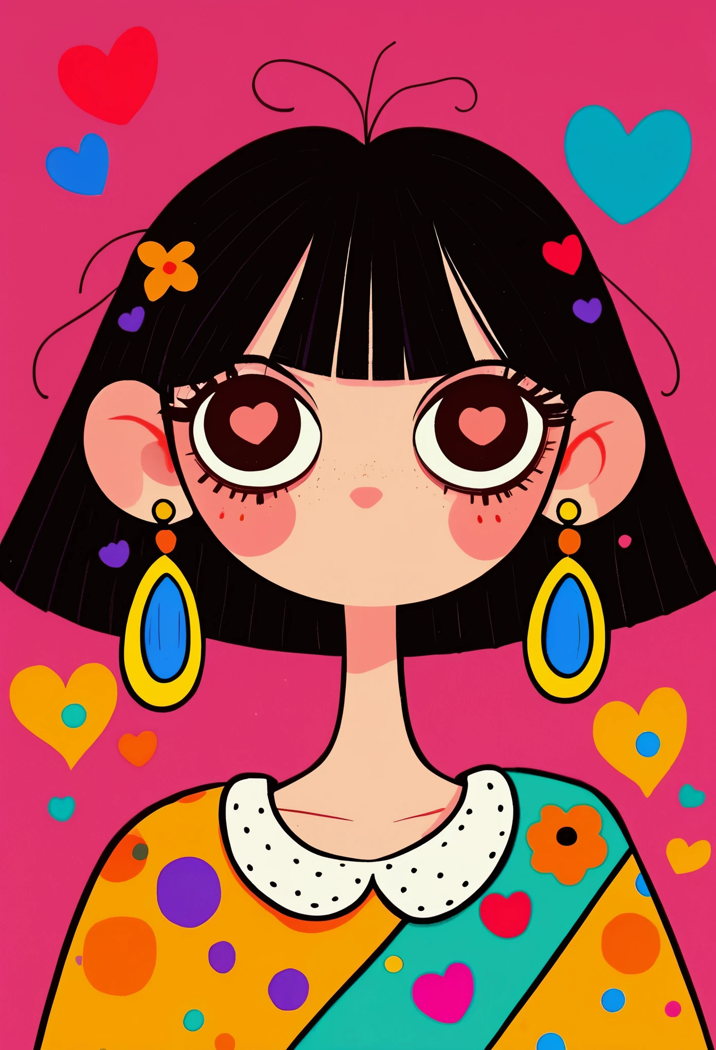 Flat Wind,Vector,Childish art cartoon,Cartoon girl with black hair and big earrings,Big eyes-heart pupil,eyelash,Cute expression,Bangs,Minimalism, White collar,Lovely art style, rich and colorful! Digital illustration style, The art of math. rich and colorful comic, Hand drawn cartoon art style,Solid color background,Black Lines