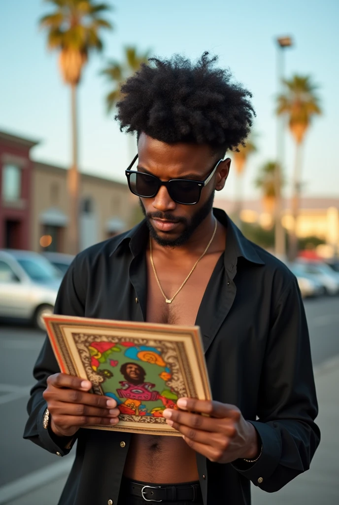 An afro man in sunglasses and a half-open black shirt holding a 33t groove album cover in his hands in a los angeles parking lot in the background
