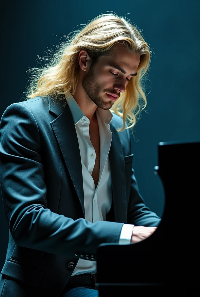 pianist　Performing　male　30th Generation　Blonde　Long Hair　Blue Eye　shirt　Open-neck jacket