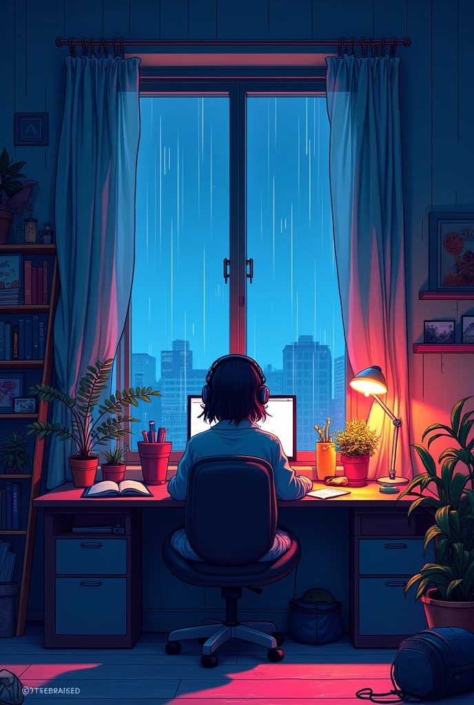 (zero), Study in your room, I read a book, Use headphones, , Nightlight, Neon scenery on a rainy day,Analog Color Theme, Lo-fi hip hop , retrospective, flat, 2.5D ,Draw a line, Digital ink drawing, Great slopes, Watercolor, Gushcore, Studio Ghibli style, amazing colors, Exterior Ton, Synthwave, Arte Roffie,90s Style,Old Texture, amplitude,90s vibe, Tabletop, Amazing technology, 16:Scale 9