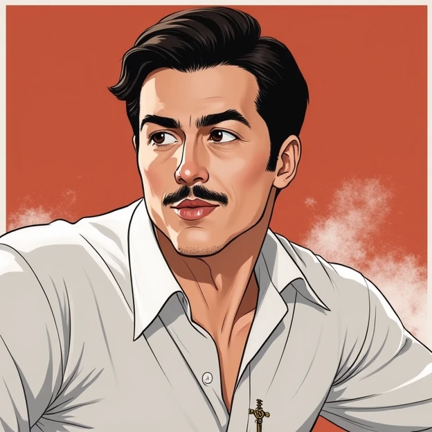 A man with short hair and a thin mustache looking slightly to the left, wearing a white shirt, with a sword on his shirt