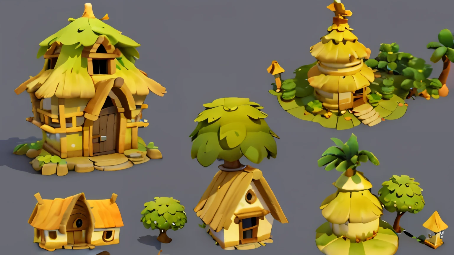 Game architecture design, Cartoon,Tree House,Three View,Southeast Asian style