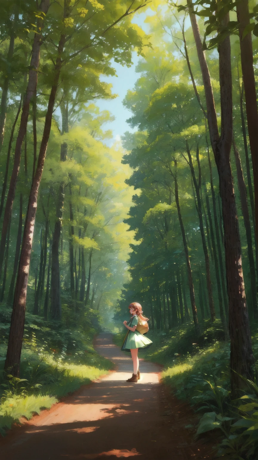 Craft an image featuring a cheerful young girl in a whimsical forest setting. The girl, radiating joy, sports large, animated eyes and a broad smile, adorned in a skirt made of vibrant green leaves. She stands playfully next to an unmarked wooden sign post. The scene unfolds in a forest filled with towering trees that have lush, spherical canopies. The morning light casts a warm glow, enhancing the serene atmosphere. Small plants and mushrooms dot the forest floor, and a cartoonish squirrel watches on. A meandering dirt path cuts through the verdant undergrowth.