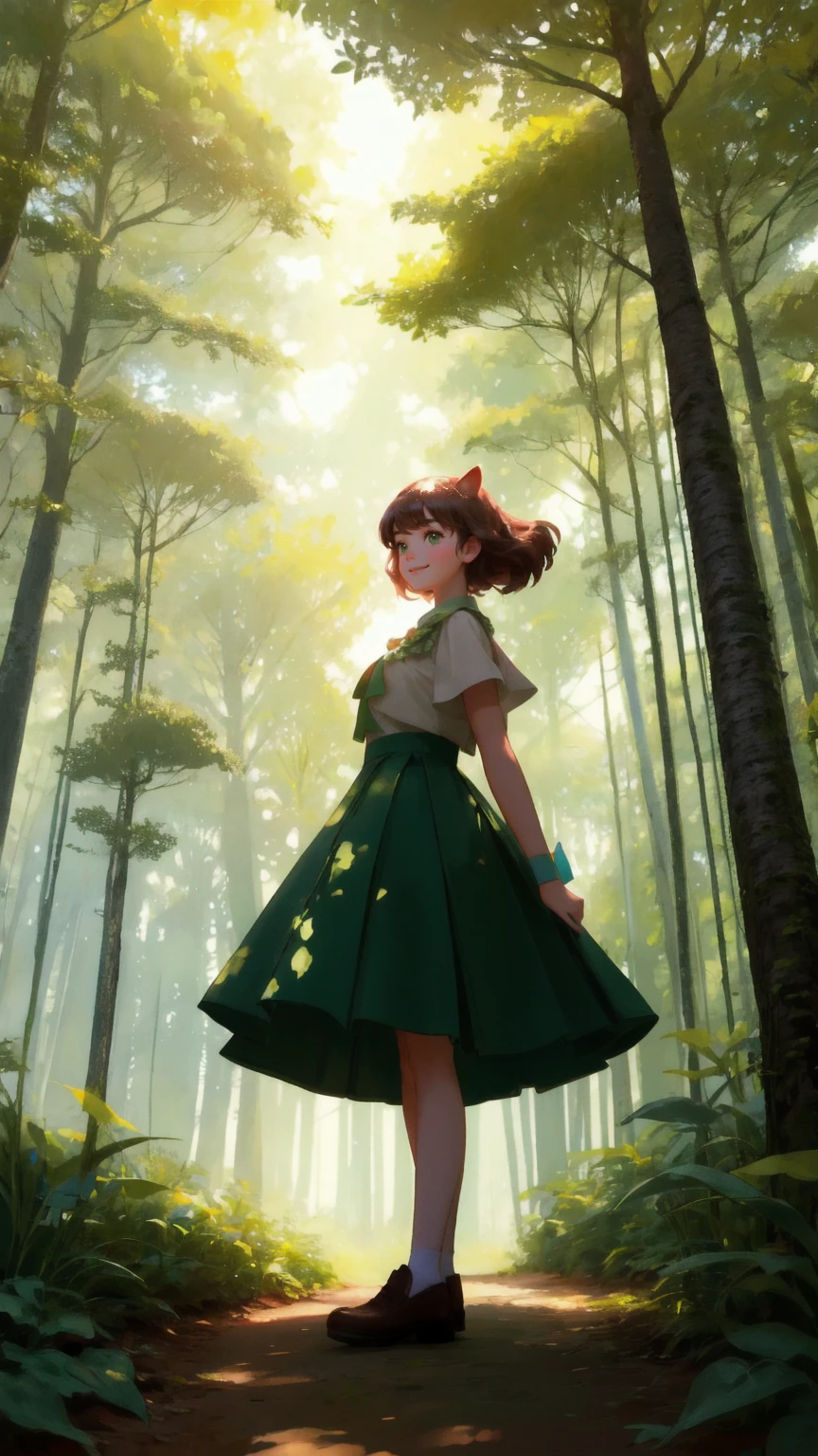 Craft an image featuring a cheerful young girl in a whimsical forest setting. The girl, radiating joy, sports large, animated eyes and a broad smile, adorned in a skirt made of vibrant green leaves. She stands playfully next to an unmarked wooden sign post. The scene unfolds in a forest filled with towering trees that have lush, spherical canopies. The morning light casts a warm glow, enhancing the serene atmosphere. Small plants and mushrooms dot the forest floor, and a cartoonish squirrel watches on. A meandering dirt path cuts through the verdant undergrowth.