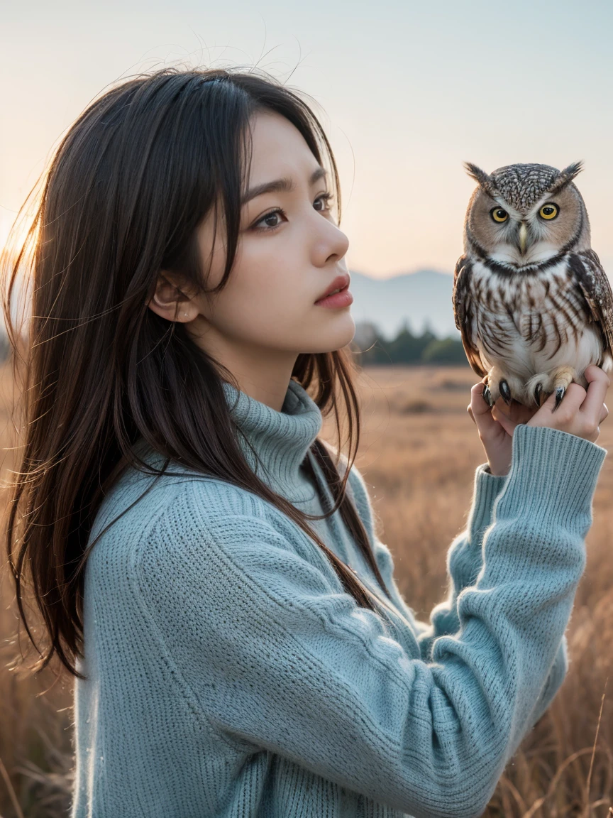 ((Top Quality)), ((Masterpiece)), ((Details)), ((upper body: 1.2)), ((close-up: 1.1)), More Saturation, strong reflections, bright shade, Place the girl in the foreground at large, ((Surrealism: 1.2)), cold wind, magic wand, owl, girl, "A girl stands alone on a windswept hill, her hand gripping a magical wand. The cold wind swirls around her, carrying whispers of ancient spells, as an owl hovers nearby, embodying the mystical energy that surrounds them."