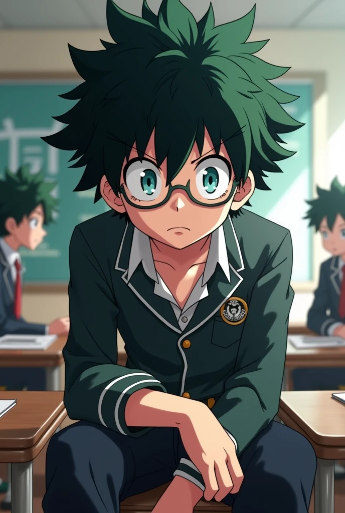 Screenshot of my hero academia.
Black-haired boy with disheveled hair and the same expression as Tsukishima, as well as his glasses and blue-green eyes., He is wearing the UA uniform.
In the background a UA class, He is sitting on top of the table.