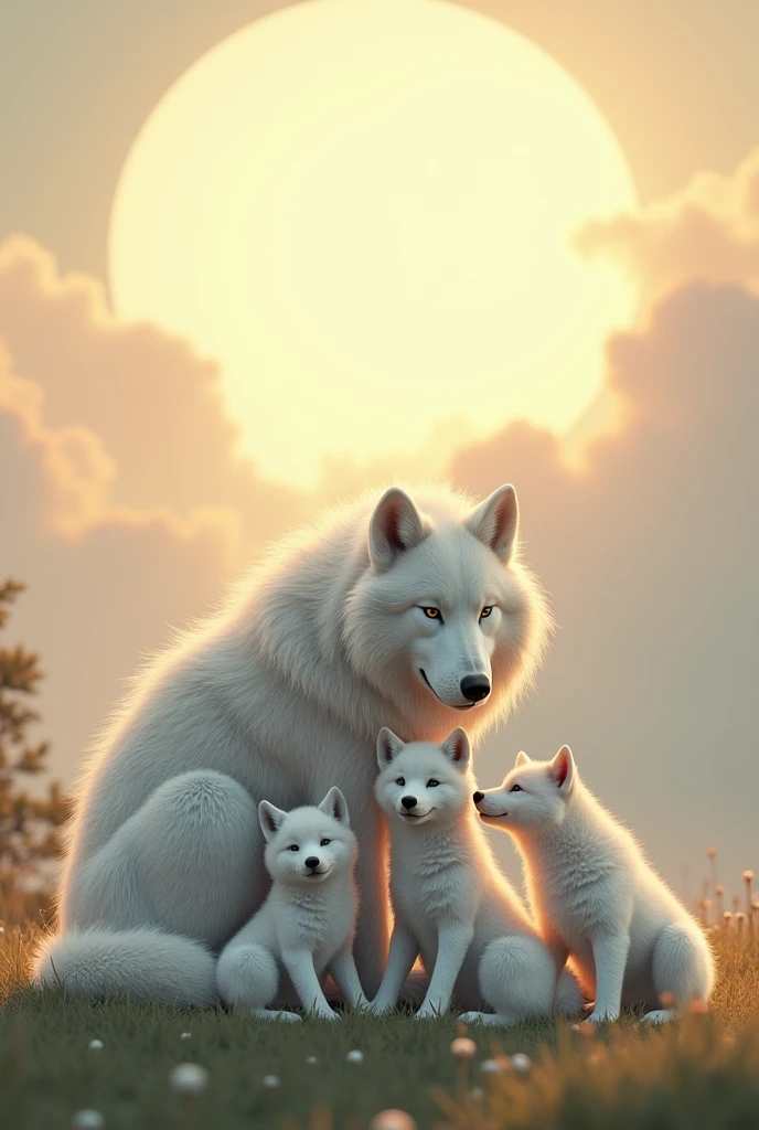 A couple of white wolves cuddling, with big bright sun in the background, with three white wolf pups together