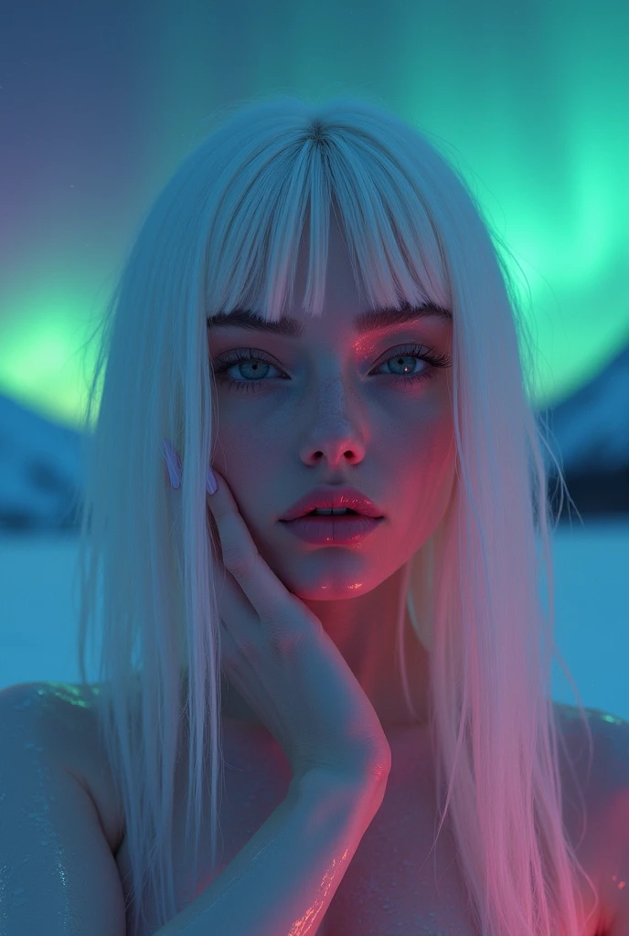hyperrealistic image, phone camera, hd resolution, woman, exotic features, artistic makeup, conceptual pose, artistic expression, instagram photo style, woman, exotic, attractive eyes, intergalactic, natural lighting, night, aurora borealis, extraterrestrial, exotic makeup, shine makeup, shine skin, colored eyeshadow, exotic pose, half body angle, white hair, subtle colored highlights,alien vibe, full body image, subtle alien characteristics, little clothing, latex clothing, white clothing, second skin clothing, tight clothing, hands positioned like a model's, shiny body, alien, long hair,very straight hair, flying hairz strange woman, eyes apart, big eyes, very shiny skin, body skin shine, long straight hair, straight hair, white clothes, latex clothes loose hair