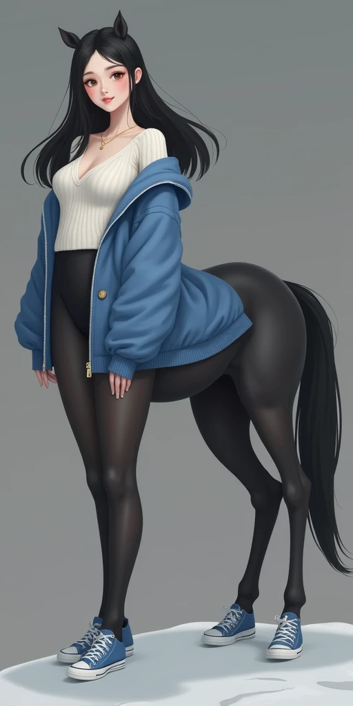 masterpiece,(Best quality:1.3),Centaur girl,lora:Centaur girlV1.0:0.6,(Icefield:1.3),(Head and body 1:9:1.3)Nine-head body,I am a female college student,Elegant, beautiful and elegant,All four legs are wearing student,Bodysuit,White Knit Top Sweater,Sports jacket,Beautiful body,Black and white students,Wearing black,Black Silk,Students wearing fitted clothes,I wear student,((Black work suit: 1.6)),Smooth skin,Black Hair,Perfect facial features,Full breasts,(Gold necklace: 1.4),(All four feet are wearing blue sneakers: 1.6),Fair and translucent skin,Pale skin,Peach-like skin,The milky white porcelain skin of the eggs