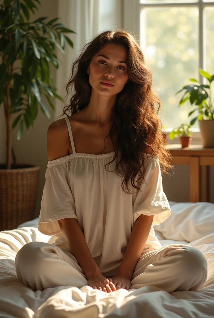 (photorealism:1.2), beautiful woman, sitting on bed, wearing loose off-shoulder top, pajama pants, long curly hair, indoors, soft lighting, plants in background, window with sunlight, cozy room, relaxed pose, realistic, intricate details, warm colors, by Greg Rutkowski, by Alphonse Mucha