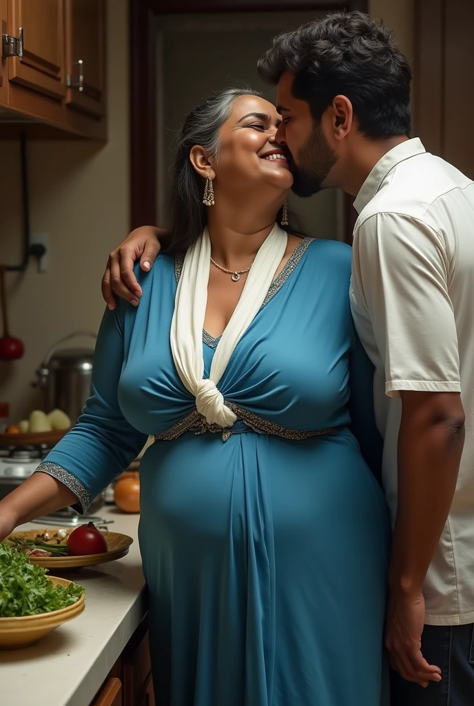 photo of Voluptuous Mature Indian Aunty, Wearing Blue Tight Kurti and White Stole tied around her neck, Large U Cut cleavage exposed, Standing in the Kitchen and cutting Vegetables, Turning her head and Kissing a Slim Boy standing Behind Sensually.