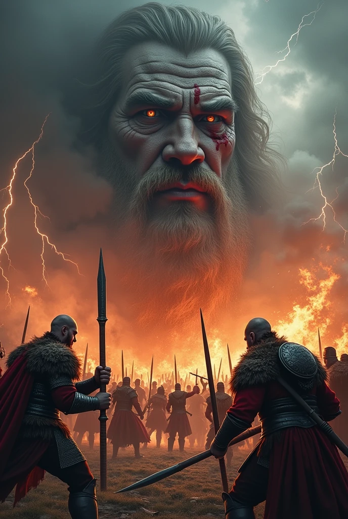 burning castle, natta, viking warriors in battle, lightning, face of a God gray hair and beard with a scar splitting his eye appearing in the clouds