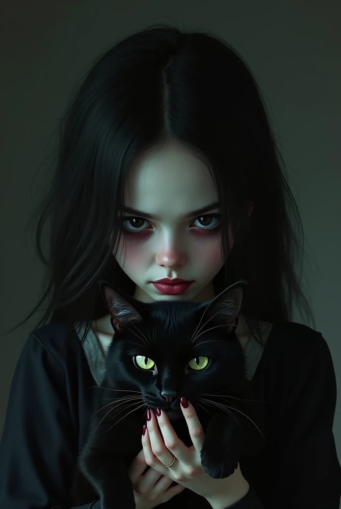 An Emo Girl,Holding a black cat in his hand, Delicate face, Dark Makeup, Emotional expression, Black clothes, Dark background, Chiaroscuro lighting, Movie, dramatic, Moody, Digital Painting