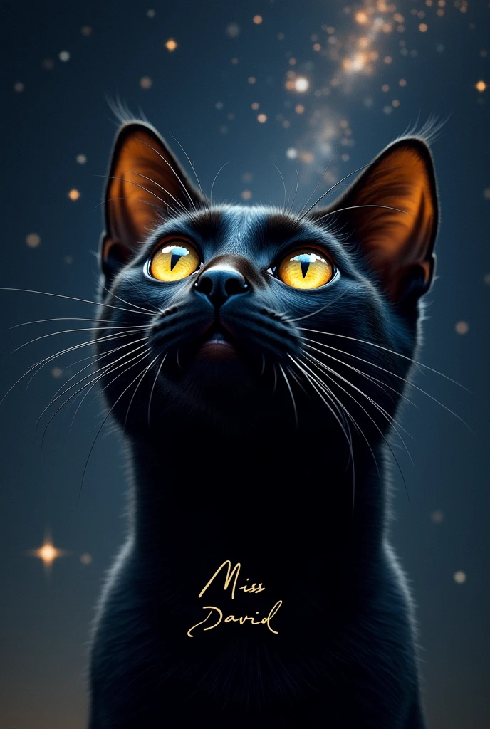 Close up of a black cat&#39;s cat face. Look towards the stars, stars and galaxies in the background. "Miss david" it is written.