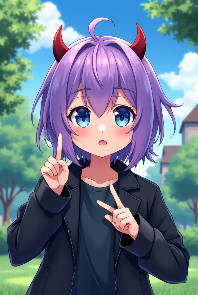 anime art, cute boy with bright purple hair, blue eyes, wearing a black jacket, and has small devil horns, posing with two fingers in a front yard