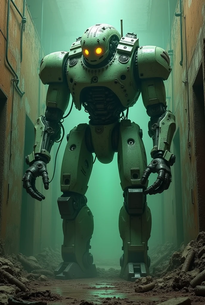 This image features a robotic monster with a humanoid form, standing in a room with a corrupted, rotten appearance.
