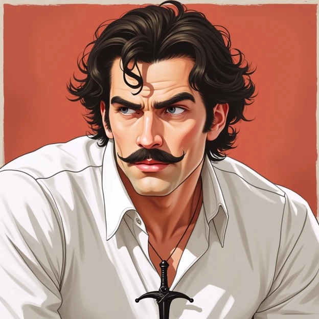 A man with curly hair and a thin mustache looking slightly to the left, wearing a white shirt, with a sword on his shirt