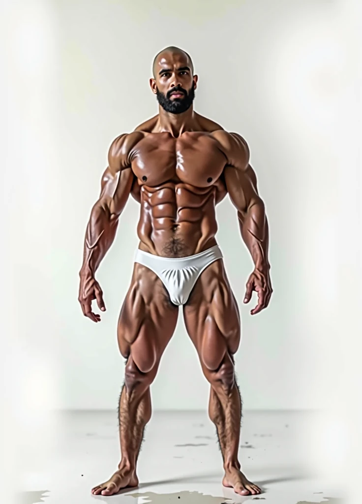 Ultra-realistic and hyper-detailed 8K photography of a 40-year-old Spanish man. He is muscular and self-confident, with a powerful build and a perfectly shaved head, standing centered and completely visible from head to toe in the frame. The man is facing directly forward, with his eyes locked onto the viewer, as if looking straight at you. His expression is intensely sensual, seductive, and captivating, with a sensually desirous gaze that connects directly with the viewer. His arms are relaxed, with hands hanging naturally at his sides, displaying a harmonious physique. He is completely naked except for a white patent leather jockstrap without any visible brand or name, which is shiny with a sleek and sexy design that subtly reveals an impressive XXXL bulge, emphasizing his enormous attributes. The lighting is perfectly balanced to ensure that his entire face is evenly lit, allowing every detail of his strong, masculine features to be clearly seen, with no shadows obscuring the facial details. The lighting also enhances the contours and definition of his muscular form. His entire body is perfectly framed, with equal margins around the top and bottom to ensure that no part of the body, including the feet, is cut off. The background is a solid, neutral color ideal for a photo shoot, making it easy to remove for a transparent effect later on, and the ground in the background should follow the same tone as the rest, even if it is ground. The composition of the image follows the golden ratio, capturing the man's masculine beauty and his attractive pose with a perfect face, flawless hands, and eyes that convey intensity directly towards the viewer. Captured with a Nikon D850 camera and f/1.4 85mm lens, using advanced Physically Based Rendering (PBR) techniques for extreme realism. Masterfully finished with precision post-processing to achieve maximum visual fidelity and striking detail, ensuring the ultimate in visual quality. Full Body (Masterpiece) (Ultra Best Quality)