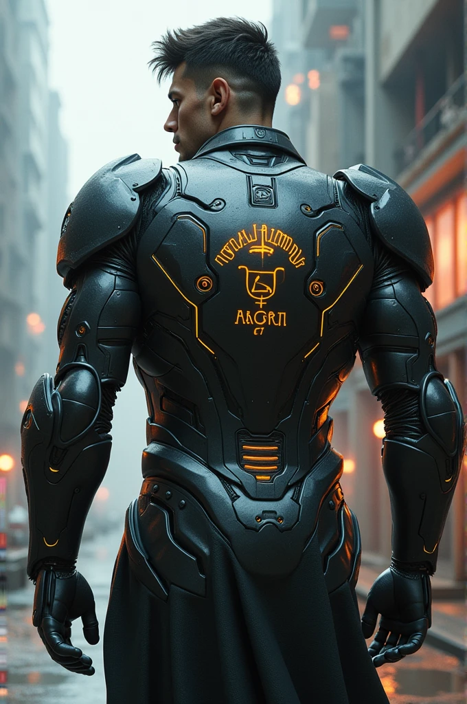 A male gamer who wears iron armor made of argon gas and has a large inscription on his back that reads: "Mohammed Argon"