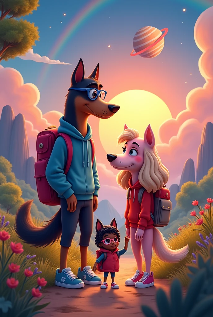 tall dog dad, Bblack hair, Wearing blue glasses, wearing sneakers, gray backpack. Beautiful tall pink dog mom, long curly blonde hair, Wearing Pink Glasses, turned legs, wearing sneakers, black backpack. Pink dog daughter, Wearing Pink Glasses, long black curly hair, wearing sneakers, pink backpack. Bright orange sun in the sky, very beautiful rainbow, big bright moon and bright Jupiter. trail landscape. Disney style. 4K, High definition. Everything is very beautiful.