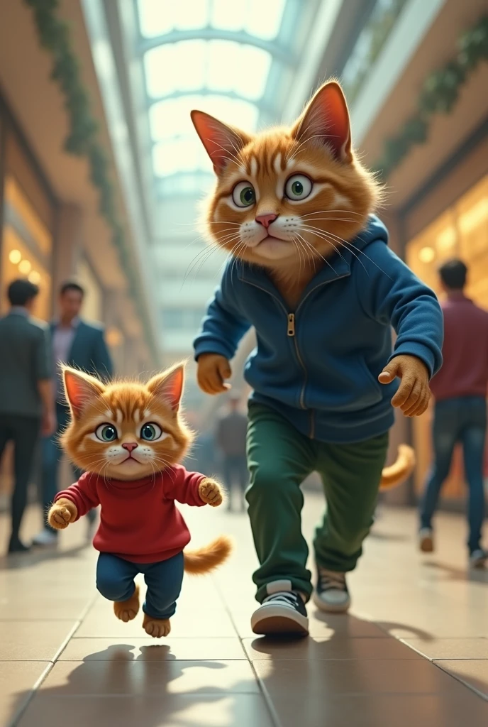 A kitten wearing a red shirt and blue pants cried very hard and ran away from his father wearing a blue shirt and green pants in a shopping mall, and his father was very shocked.