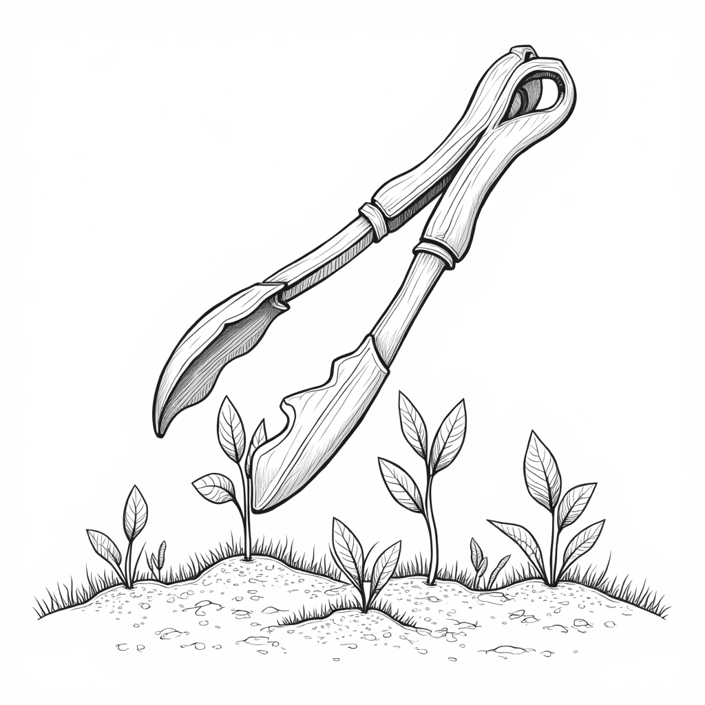A pair of indian cooking tongs shown transplanting seeds in a garden, add few saplings in the background, generate high quality image, black and white line art image