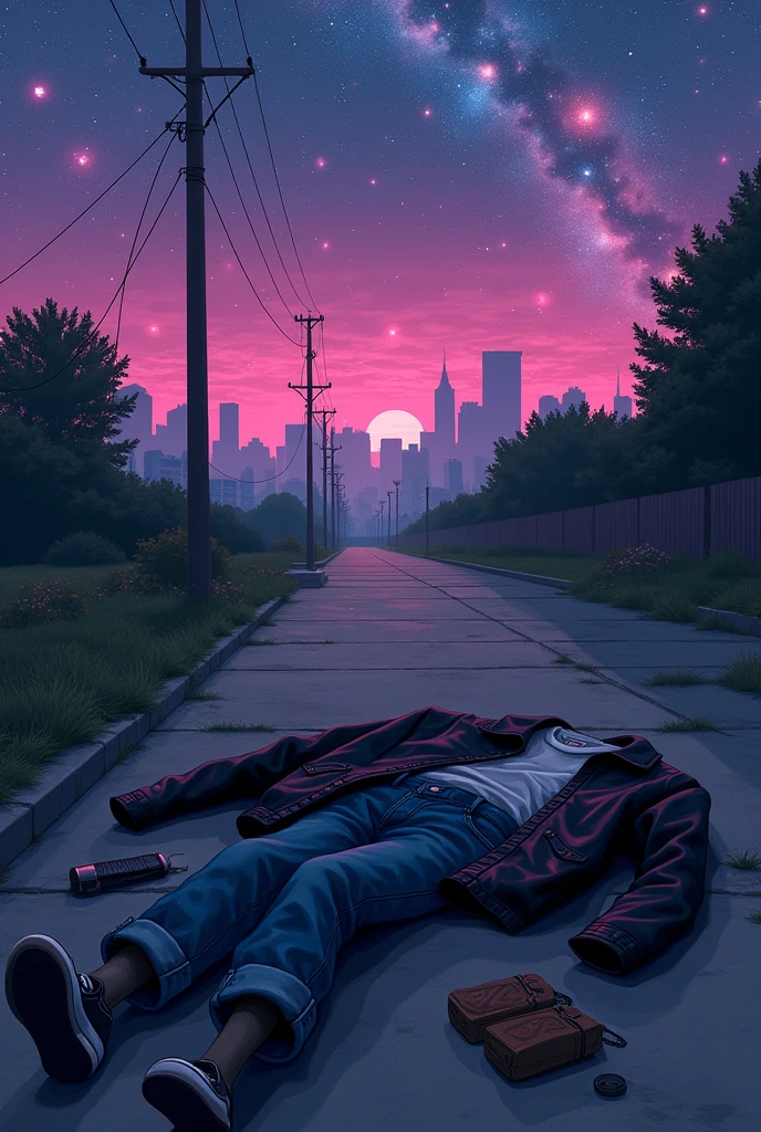 Lofi image of a dark denim jacket, black leather jacket, shirt, shoe, jeans lying on the ground with cityscape in background and pink purple and blue starry sky
