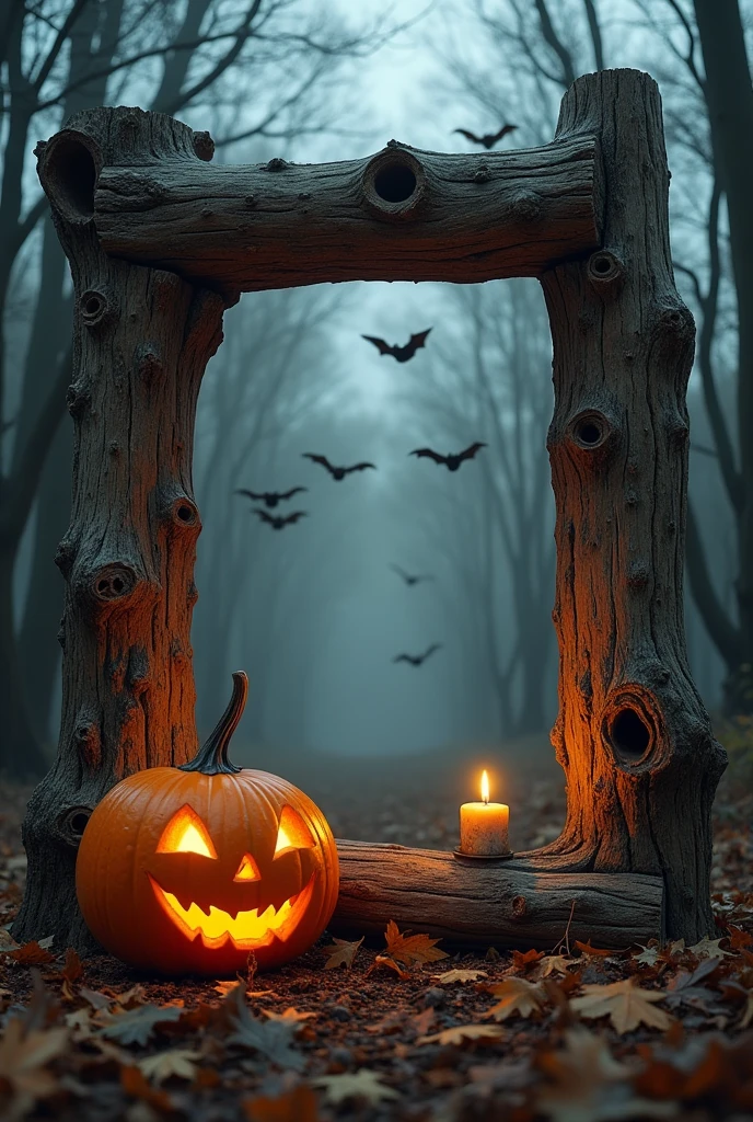 I want a frame made of a tree trunk. I want a square frame with very thick edges. I want it to be in the middle and have a Halloween pumpkin in the left corner but not overflow the frame. I want a Halloween forest and bats in the background..And the frame size should be medium