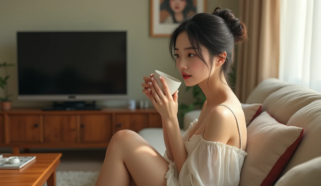 A beautiful Korean girl, sitting on chair at living room,( living room has TV,portrait of shy girl, some decorations) , side view from distance, full one side shot, wear white one piece dress with no bra on chest, her breasts are natural big, breast are half visible, she is drinking coffee in mug, she has bun hairstyles