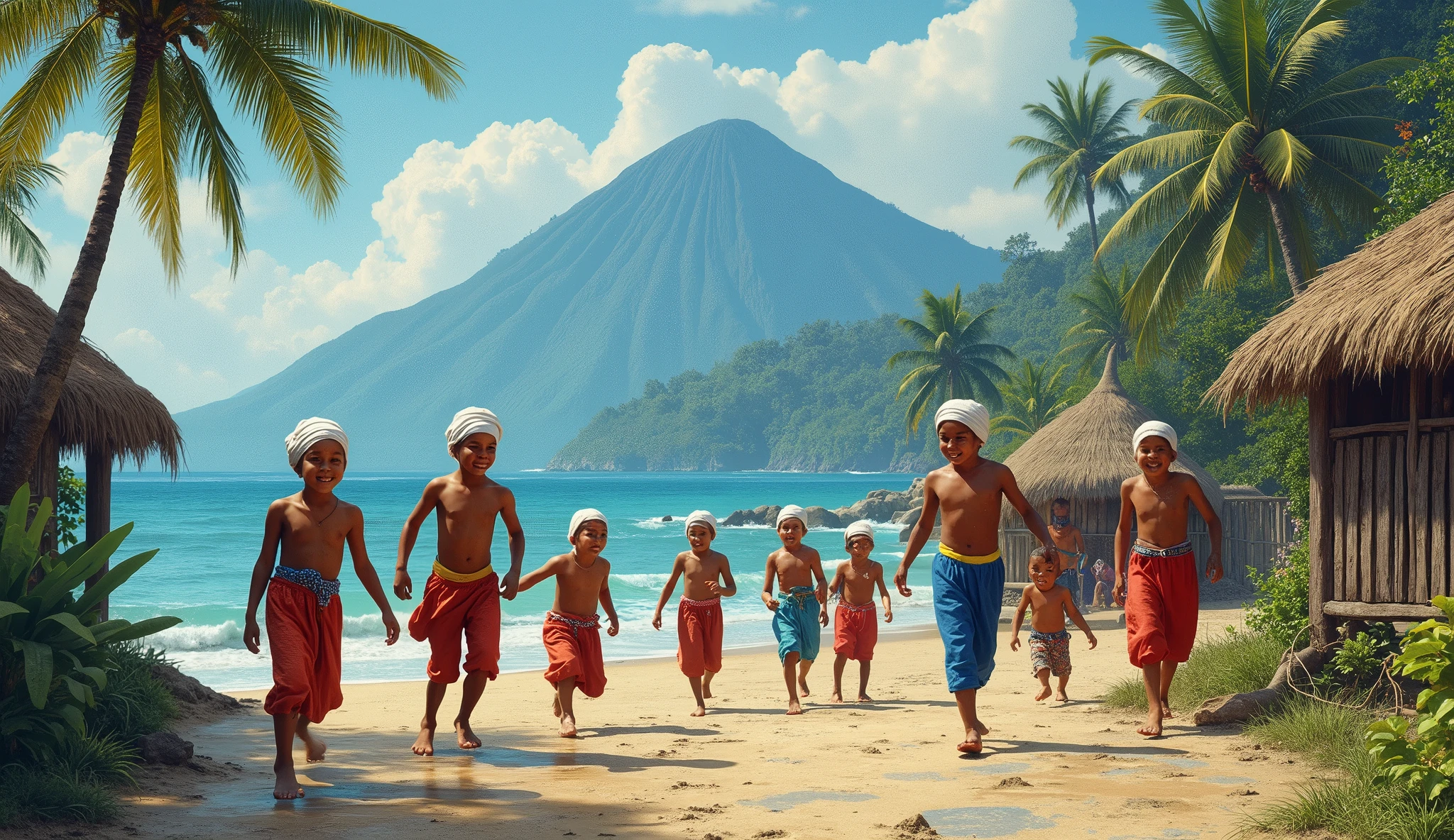 Village from ancient Ternate island, Maluku, Indonesia, beside a ocean and Ternate mountain, a happy young childrens playing together in ancient Ternate clothing and wear a white traditional Ternate turban, there is no peoples, hyper realistic, masterpiece, best quality, ultra-detailed, UHD, 64K