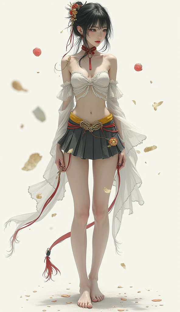 NUDE:1.2，Traction collar:1.3，Leash:1.3，protrait photo，Full body image，For the audience，Shred clothes，Fragments of clothing，A beautiful Chinese girl,sketch,Minimalism,pencil drawing,clear lines,(double exposure:1.4),exquisite decorations,Kuindzhi,(upper thigh shooting:1.3),full body shooting,low angle shooting,(tattoo:1.3),Tyndall effect,soft focus,4K,hdr,[hdr:0.9],acidic graphics,plant 1 girl,fantasy artwork,[detailed energetic face:0.33],[coat dress:0.15],[K-pop:0.417],[hip:0.4],masterpiece,(garbage polka tattoo:1.4),(translucent luminous body:1.5),minimalist design,outline and beautiful woman and a luminous,shadow world masterpiece,intricate artwork,((white background 1.5)),(sling:0.6),red pibo,white with yellow chest pleated skirt,yellow waistband,，Devil figure，slim，Front convex and back curved，Perfect body，Very detailed details of the face，Clear facial features，Fair and delicate skin，long legs,Avoid changing the facial features of the reference image,Perfect facial features，Very detailed details of the face，Glowing eyes，Mid-chest，Cleavage，clavicle，Light arm，bare legs，Black over the knee，Perfect body proportions，Long legs，Devil figure，Real skin texture，Glowing translucent skin，Real skin pores，Perfect hands，Perfect hands臂，Perfect hands指，Perfect legs，Perfect feet，Perfect feet趾，Covered in sweat，Devil figure，slim，Front convex and back curved，Perfect body，的Very detailed details of the face，Clear facial features，Fair and delicate skin，long legs,Avoid changing the facial features of the reference image,Perfect facial features，Very detailed details of the face，Glowing eyes，Big breasts，Cleavage，clavicle，Light arm，bare legs，Black over the knee，Perfect body proportions，Long legs，Devil figure，Real skin texture，Glowing translucent skin，Real skin pores，Perfect hands，Perfect hands臂，Perfect hands指，Perfect legs，Perfect feet，Perfect feet趾，