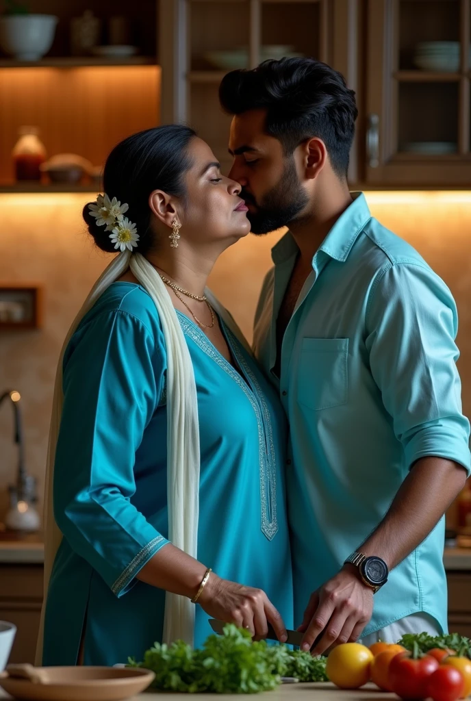 photo of Mature Indian Aunty, Wearing Blue Tight Kurti and White Stole tied around her neck, Large U Cut cleavage exposed, Standing in the Kitchen and cutting Vegetables, Turning her head and Kissing a Slim Boy standing Behind Sensually.