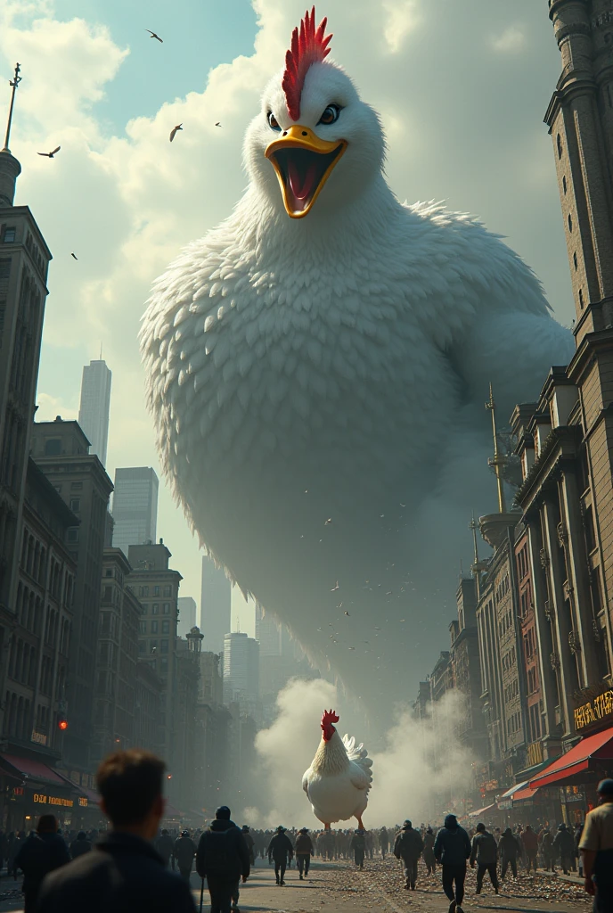 A picture of a duck, make it big like Skyscraper, make it evil and destroy the city, and then spawn a big good chicken figh with the evil duck