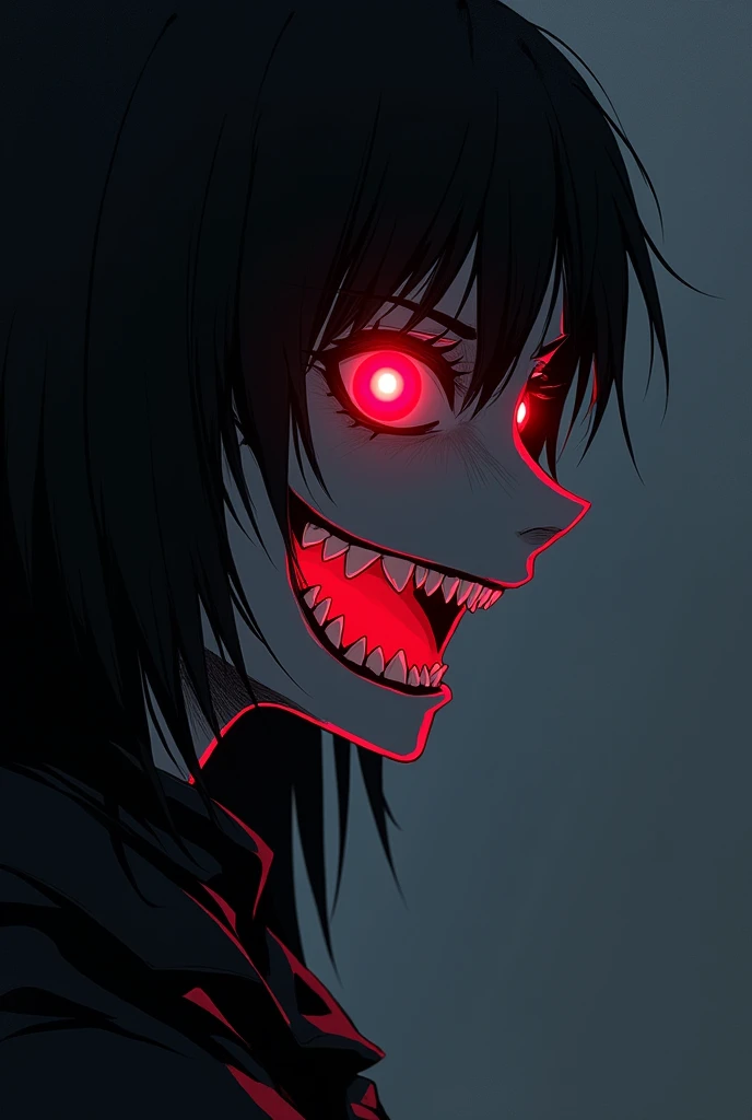 A guy who's in void and his mouth saying subscribe but don't add text of subscribe don't create full body just half body with face doing some action with good wallpaper create in anime manga sense and make it little bit evil type character and makie him doing some action like he's about to do some special move make background manga and make it side face seeing front and eye red glowing and savage smile